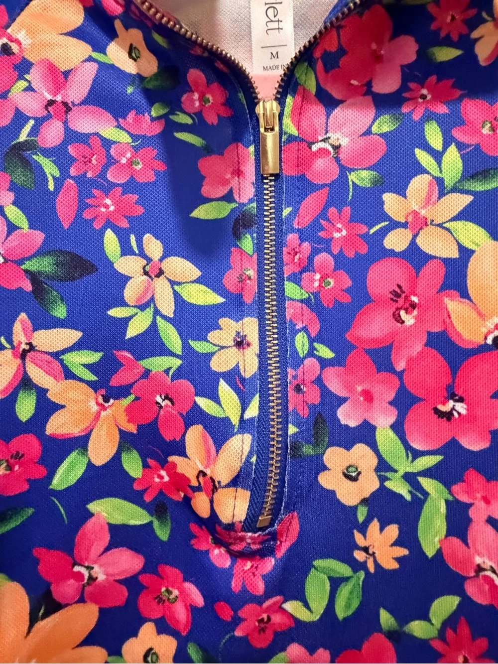Women’s Floral Half-Zip Performance Top - Blue/Pink - Picture 2 of 7